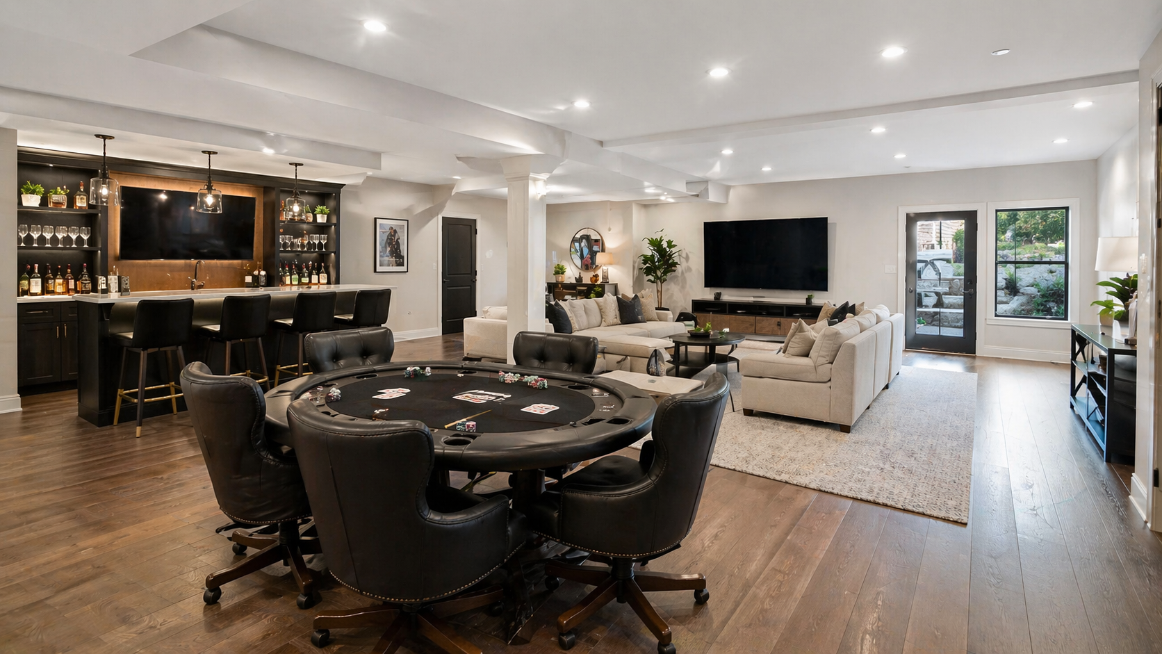 Finished basement living area with clean finishes
